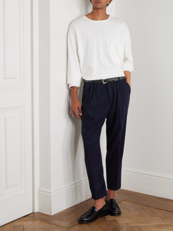 Tapered Pleated Virgin Wool and Cotton-Blend Trousers - OU Tapered Pleated Virgin Wool and Cotton-Blend Trousers - OU