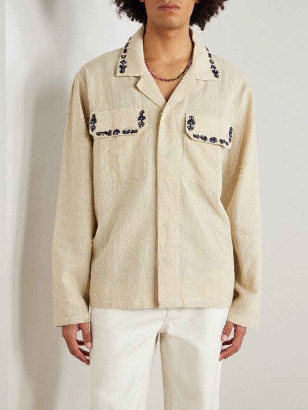 Camp-Collar Embellished Embroidered Cotton Shirt - FR Camp-Collar Embellished Embroidered Cotton Shirt - FR