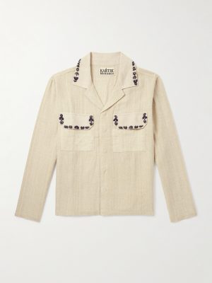 Camp-Collar Embellished Embroidered Cotton Shirt Camp-Collar Embellished Embroidered Cotton Shirt