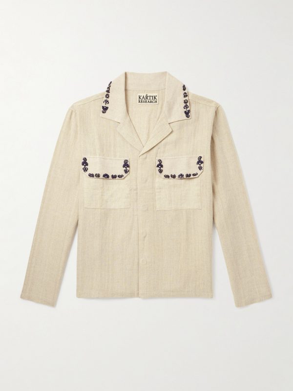 Camp-Collar Embellished Embroidered Cotton Shirt Camp-Collar Embellished Embroidered Cotton Shirt