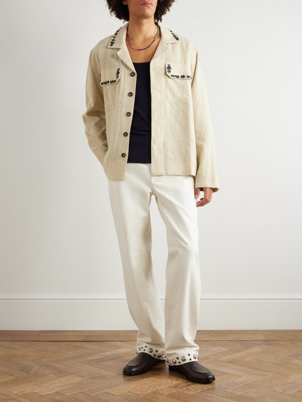 Camp-Collar Embellished Embroidered Cotton Shirt - OU Camp-Collar Embellished Embroidered Cotton Shirt - OU