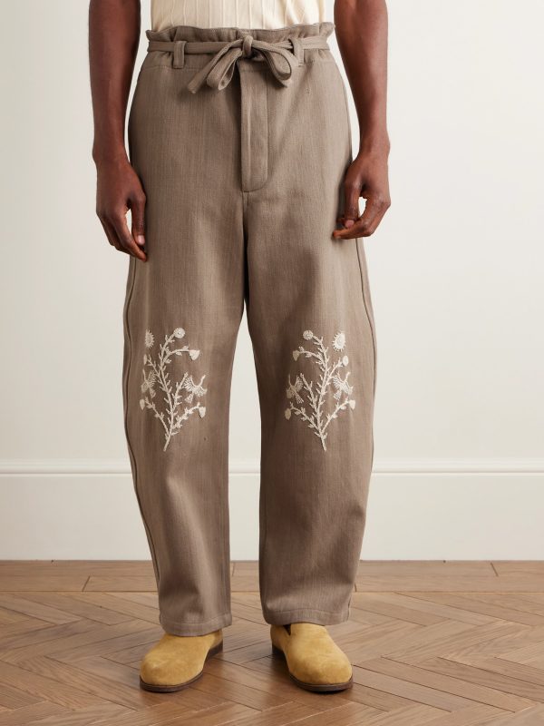 Fauji Belted Embellished Embroidered Cotton-Twill Wide-Leg Trousers - FR Fauji Belted Embellished Embroidered Cotton-Twill Wide-Leg Trousers - FR