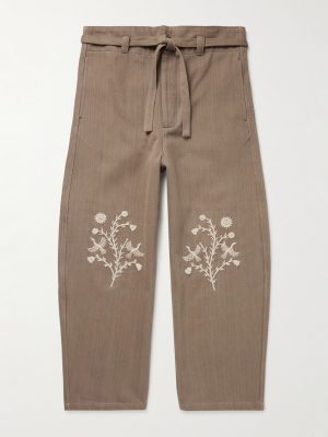 Fauji Belted Embellished Embroidered Cotton-Twill Wide-Leg Trousers Fauji Belted Embellished Embroidered Cotton-Twill Wide-Leg Trousers