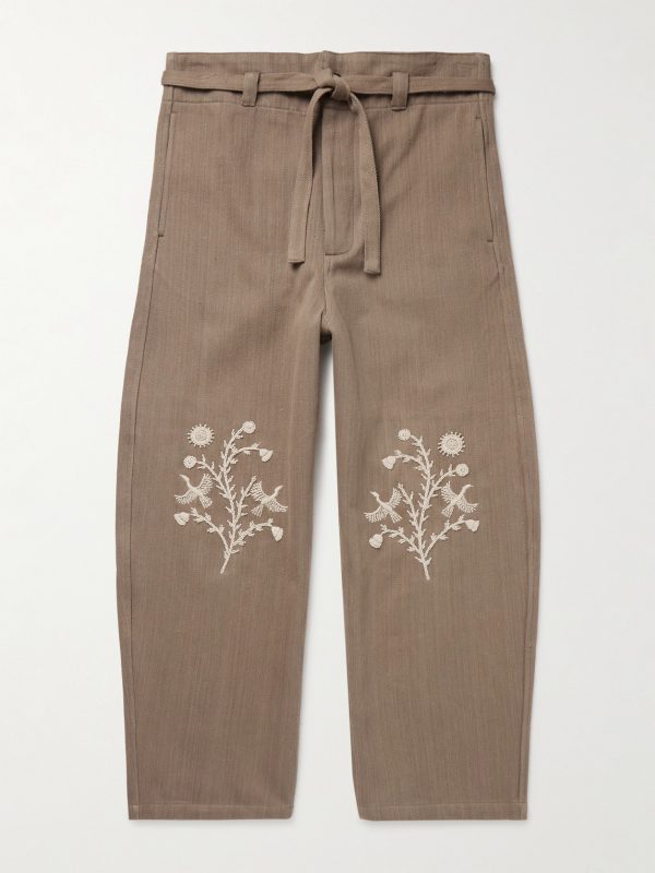 Fauji Belted Embellished Embroidered Cotton-Twill Wide-Leg Trousers Fauji Belted Embellished Embroidered Cotton-Twill Wide-Leg Trousers