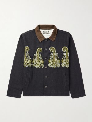 Embroidered Bead-Embellished Suede-Trimmed Denim Jacket Embroidered Bead-Embellished Suede-Trimmed Denim Jacket