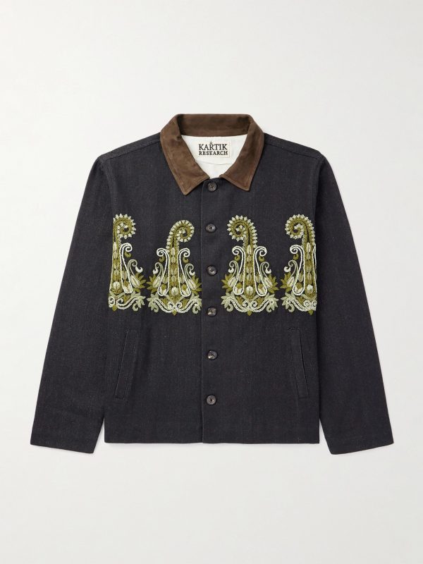 Embroidered Bead-Embellished Suede-Trimmed Denim Jacket Embroidered Bead-Embellished Suede-Trimmed Denim Jacket