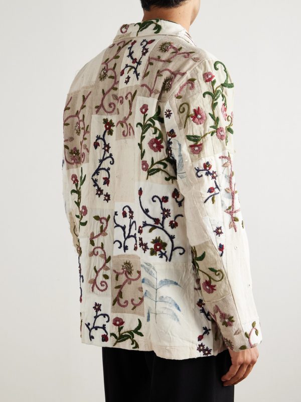 Chintz Embroidered Bead-Embellished Patchwork Frayed Cotton Blazer - BK