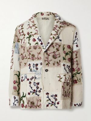 Chintz Embroidered Bead-Embellished Patchwork Frayed Cotton Blazer