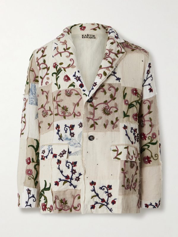 Chintz Embroidered Bead-Embellished Patchwork Frayed Cotton Blazer