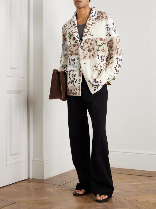 Chintz Embroidered Bead-Embellished Patchwork Frayed Cotton Blazer - OU