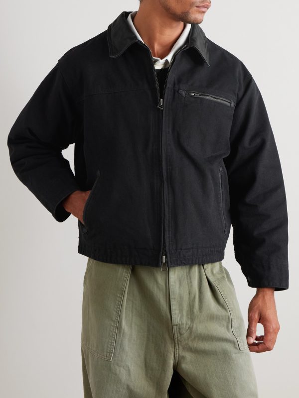 Leather-Trimmed Distressed Padded Cotton-Canvas Jacket - FR Leather-Trimmed Distressed Padded Cotton-Canvas Jacket - FR