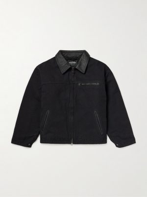 Leather-Trimmed Distressed Padded Cotton-Canvas Jacket