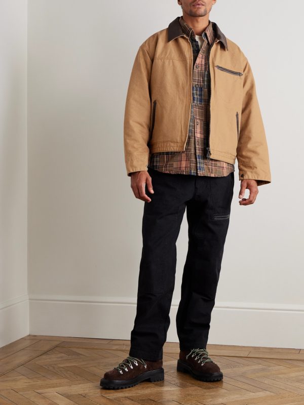 Leather-Trimmed Distressed Cotton-Canvas Jacket - OU Leather-Trimmed Distressed Cotton-Canvas Jacket - OU