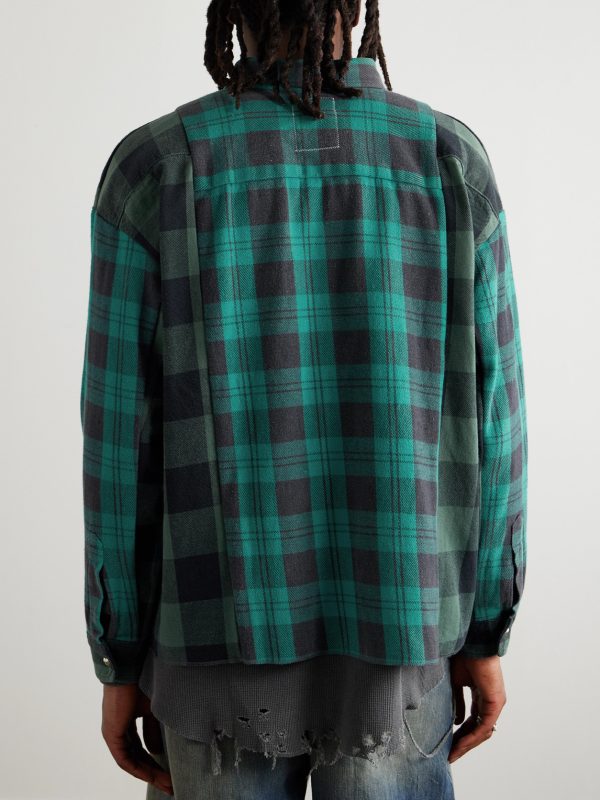 Button-Down Collar Patchwork Checked Cotton-Flannel Shirt - BK