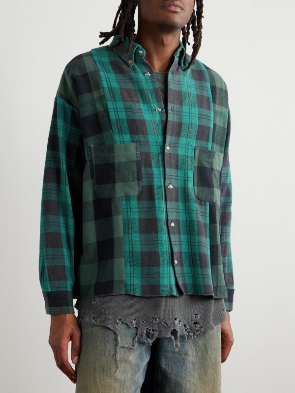 Button-Down Collar Patchwork Checked Cotton-Flannel Shirt - FR