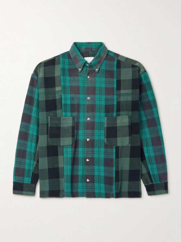 Button-Down Collar Patchwork Checked Cotton-Flannel Shirt