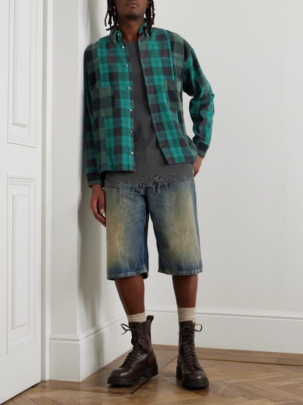 Button-Down Collar Patchwork Checked Cotton-Flannel Shirt - OU