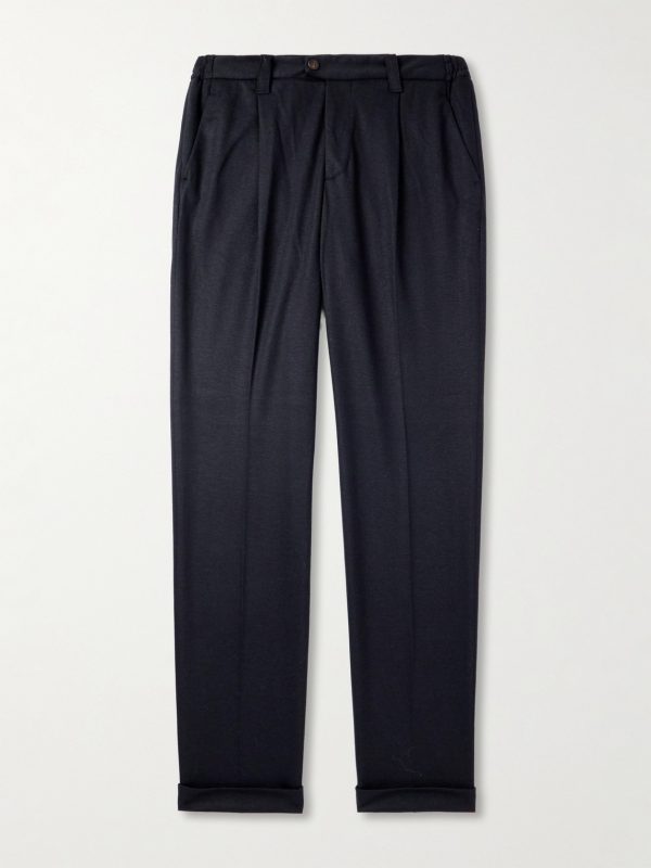 Straight-Leg Pleated Wool-Blend Jersey Trousers Straight-Leg Pleated Wool-Blend Jersey Trousers