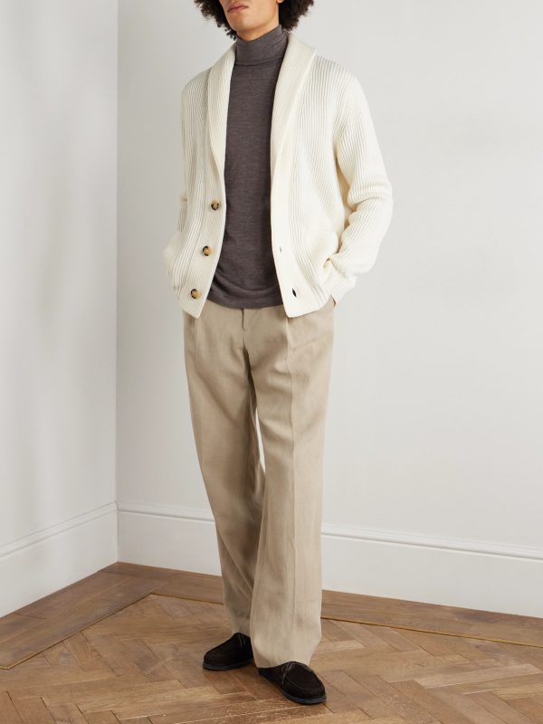 Shawl-Collar Ribbed Wool Cardigan - OU Shawl-Collar Ribbed Wool Cardigan - OU