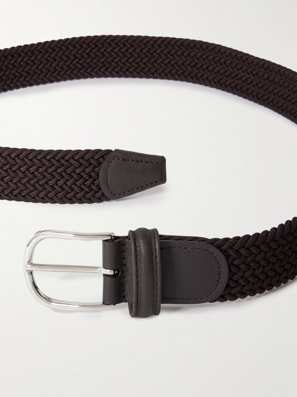 3.5cm Leather-Trimmed Woven Elastic Belt - E1