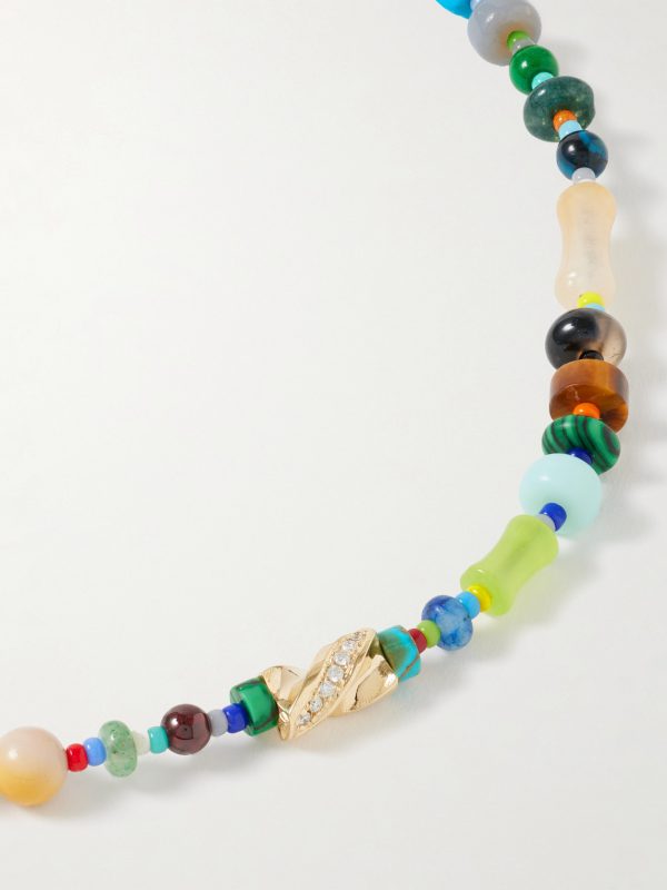 14-Karat Gold, Agate and Diamond Beaded Necklace - CU 14-Karat Gold, Agate and Diamond Beaded Necklace - CU