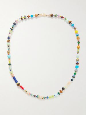 14-Karat Gold, Agate and Diamond Beaded Necklace