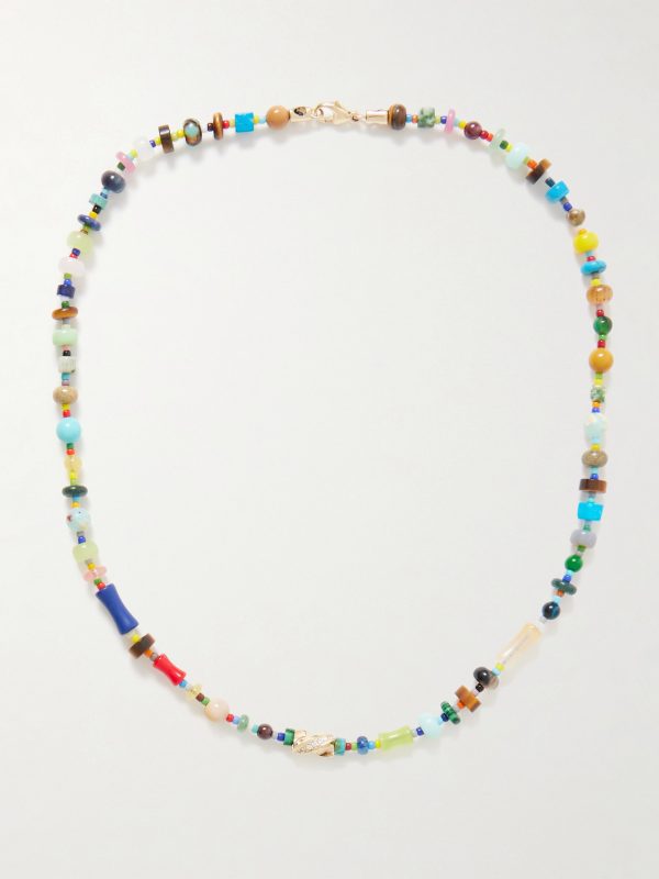 14-Karat Gold, Agate and Diamond Beaded Necklace 14-Karat Gold, Agate and Diamond Beaded Necklace