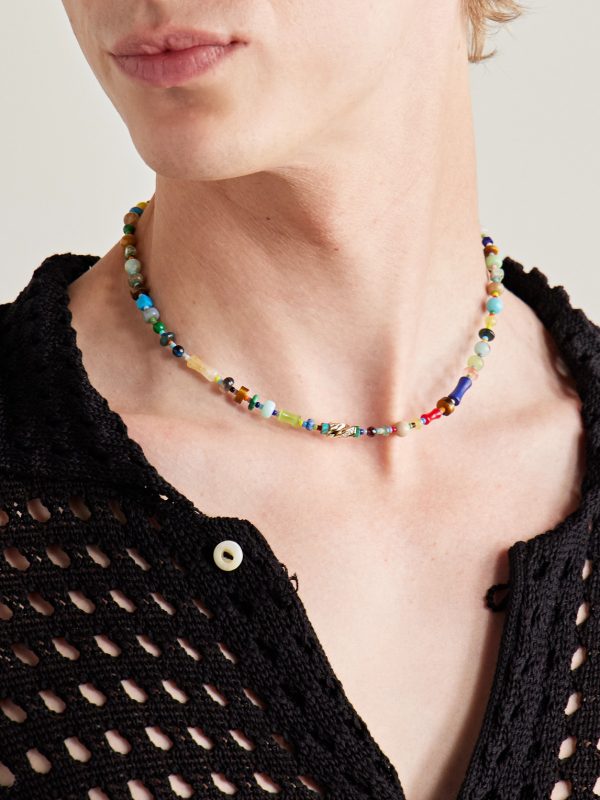 14-Karat Gold, Agate and Diamond Beaded Necklace - OU 14-Karat Gold, Agate and Diamond Beaded Necklace - OU