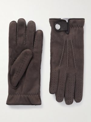 Leather-Trimmed Suede Gloves