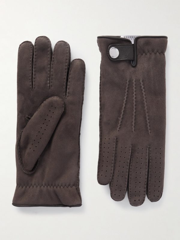 Leather-Trimmed Suede Gloves