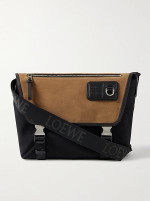 Leather-Trimmed Suede and Canvas Messenger Bag