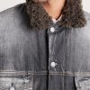 Robert Plush-Trimmed Padded Distressed Denim Jacket - CU Robert Plush-Trimmed Padded Distressed Denim Jacket - CU