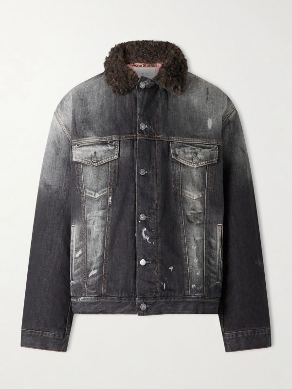 Robert Plush-Trimmed Padded Distressed Denim Jacket Robert Plush-Trimmed Padded Distressed Denim Jacket
