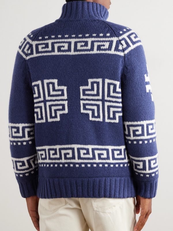 Jacquard-Knit Cashmere Down Rollneck Cardigan - BK Jacquard-Knit Cashmere Down Rollneck Cardigan - BK