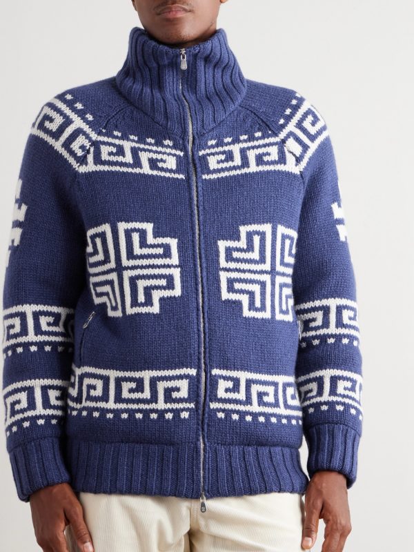 Jacquard-Knit Cashmere Down Rollneck Cardigan - FR Jacquard-Knit Cashmere Down Rollneck Cardigan - FR
