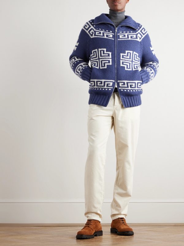 Jacquard-Knit Cashmere Down Rollneck Cardigan - OU Jacquard-Knit Cashmere Down Rollneck Cardigan - OU