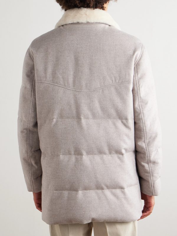 Double-Breasted Shearling-Trimmed Quilted Cashmere Down Coat - BK Double-Breasted Shearling-Trimmed Quilted Cashmere Down Coat - BK
