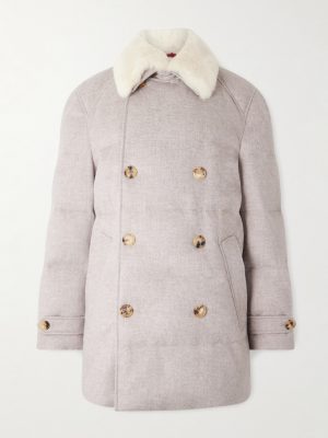Double-Breasted Shearling-Trimmed Quilted Cashmere Down Coat