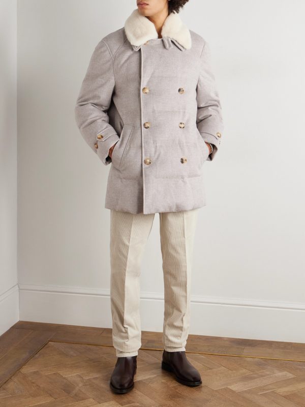 Double-Breasted Shearling-Trimmed Quilted Cashmere Down Coat - OU Double-Breasted Shearling-Trimmed Quilted Cashmere Down Coat - OU