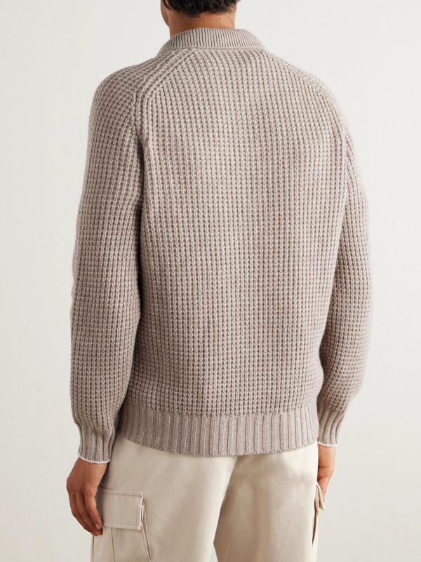 Waffle-Knit Cashmere Polo Shirt - BK Waffle-Knit Cashmere Polo Shirt - BK