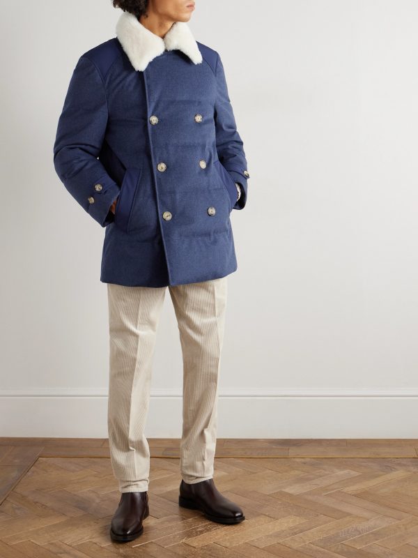 Double-Breasted Shearling-Trimmed Quilted Wool Down Coat - OU Double-Breasted Shearling-Trimmed Quilted Wool Down Coat - OU