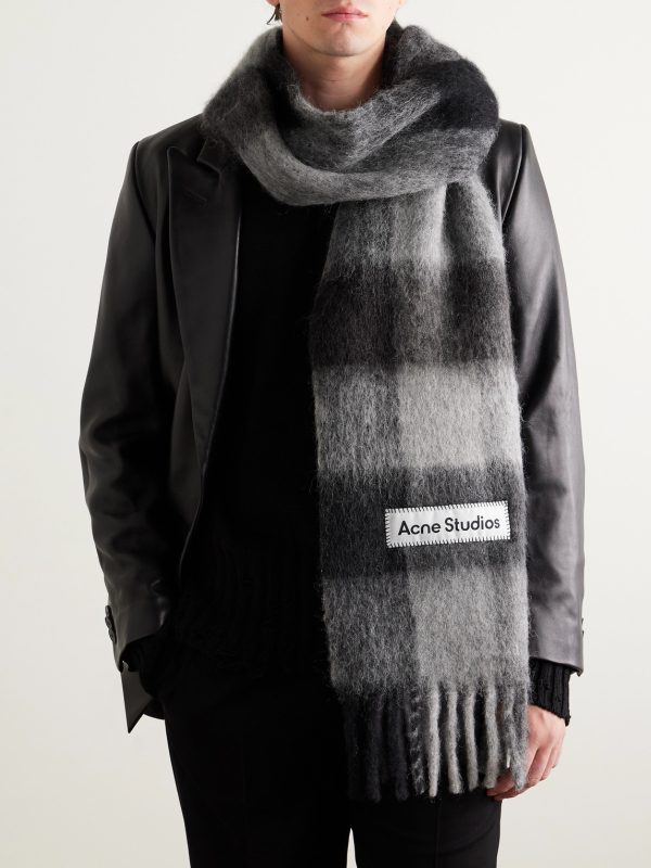 Fringed Checked Knitted Scarf - OU