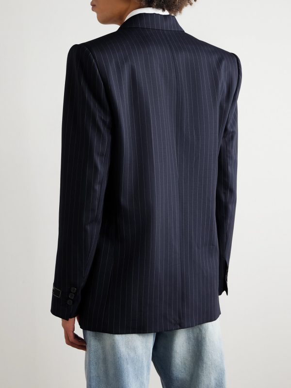 Double-Breasted Pinstriped Wool-Blend Blazer - BK Double-Breasted Pinstriped Wool-Blend Blazer - BK