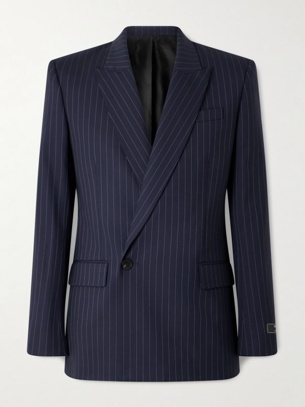 Double-Breasted Pinstriped Wool-Blend Blazer Double-Breasted Pinstriped Wool-Blend Blazer