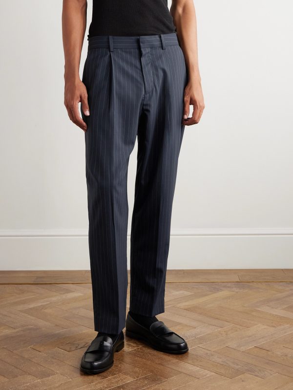 Tapered Cropped Pleated Pinstriped Wool-Blend Trousers - FR