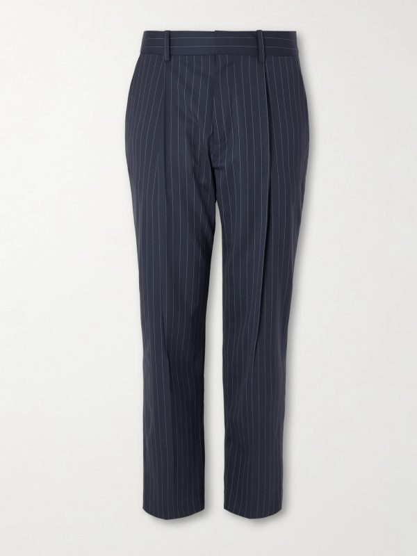 Tapered Cropped Pleated Pinstriped Wool-Blend Trousers