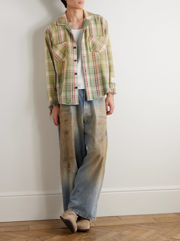 Marley Logo-Appliquéd Distressed Checked Cotton-Flannel Shirt - OU Marley Logo-Appliquéd Distressed Checked Cotton-Flannel Shirt - OU
