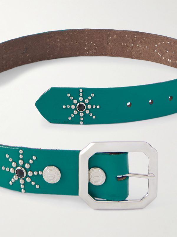 Croc-Effect Trimmed Studded Leather Belt - E1 Croc-Effect Trimmed Studded Leather Belt - E1