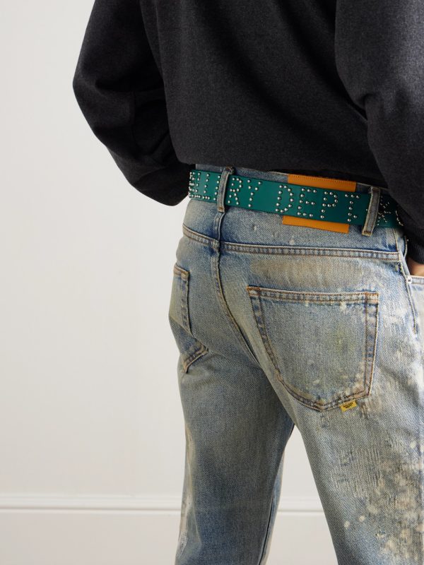 Croc-Effect Trimmed Studded Leather Belt - E2 Croc-Effect Trimmed Studded Leather Belt - E2