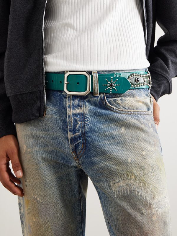 Croc-Effect Trimmed Studded Leather Belt - FR Croc-Effect Trimmed Studded Leather Belt - FR